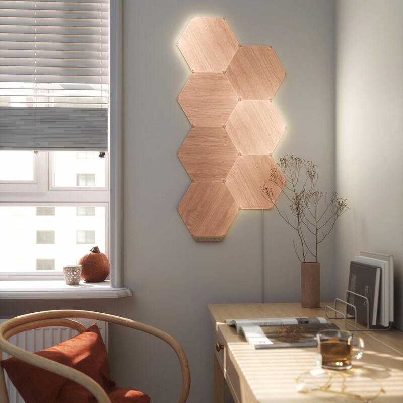 Nanoleaf Elements installed by an office desk. 